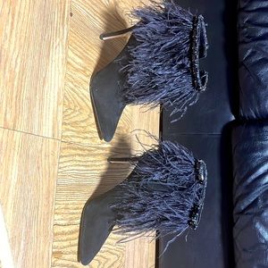 Glam,fluffy feather ankle booties. Slender heel with rhinestones and elegant.